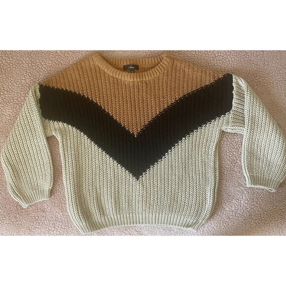 Lulus Women's Autumn Leaves Tan Multi Color Chevron Stripe Knit Sweater Sz Small - Picture 2 of 8